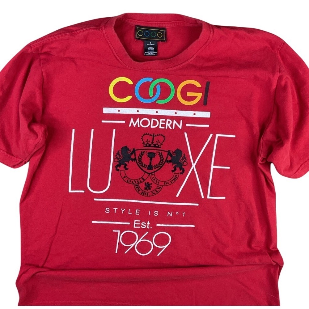 Coogi T-Shirt Mens L Red Y2K Spell Out Luxe Logo Graphic Crewneck Tee Vintage